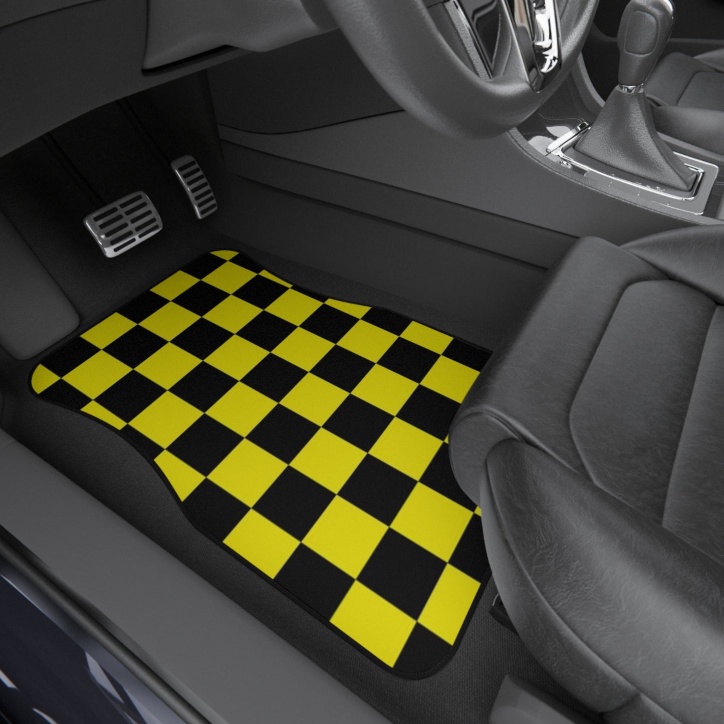 Yellow Checkered JDM Car Mats (Set of 2), 90's Universal Floor Mats
