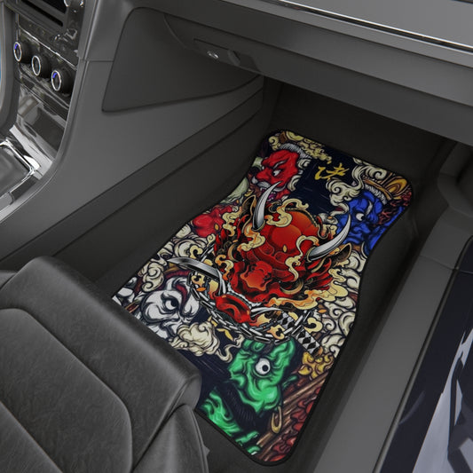 Japanese Oni Mask JDM Car Mats (Set of 2), 90's Dragon Universal Floor Mats, Japanese Art Car Mats, Drift Car Mats